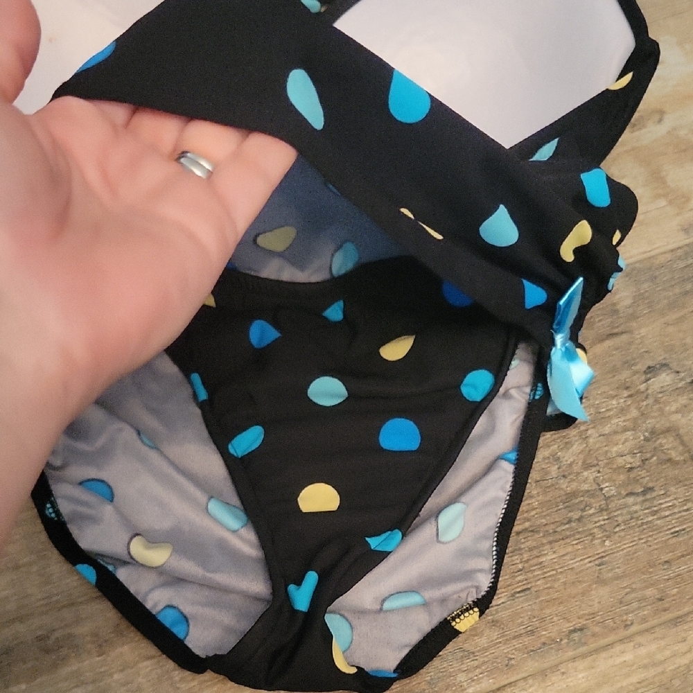 Venus Sz 8 Black, Blue, & yellow polka Dots Bikini w/ Pushup Bra and Bow Accents - Picture 4 of 8